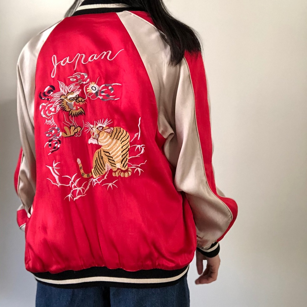 ZARA reversible red silk satin bomber jacket
